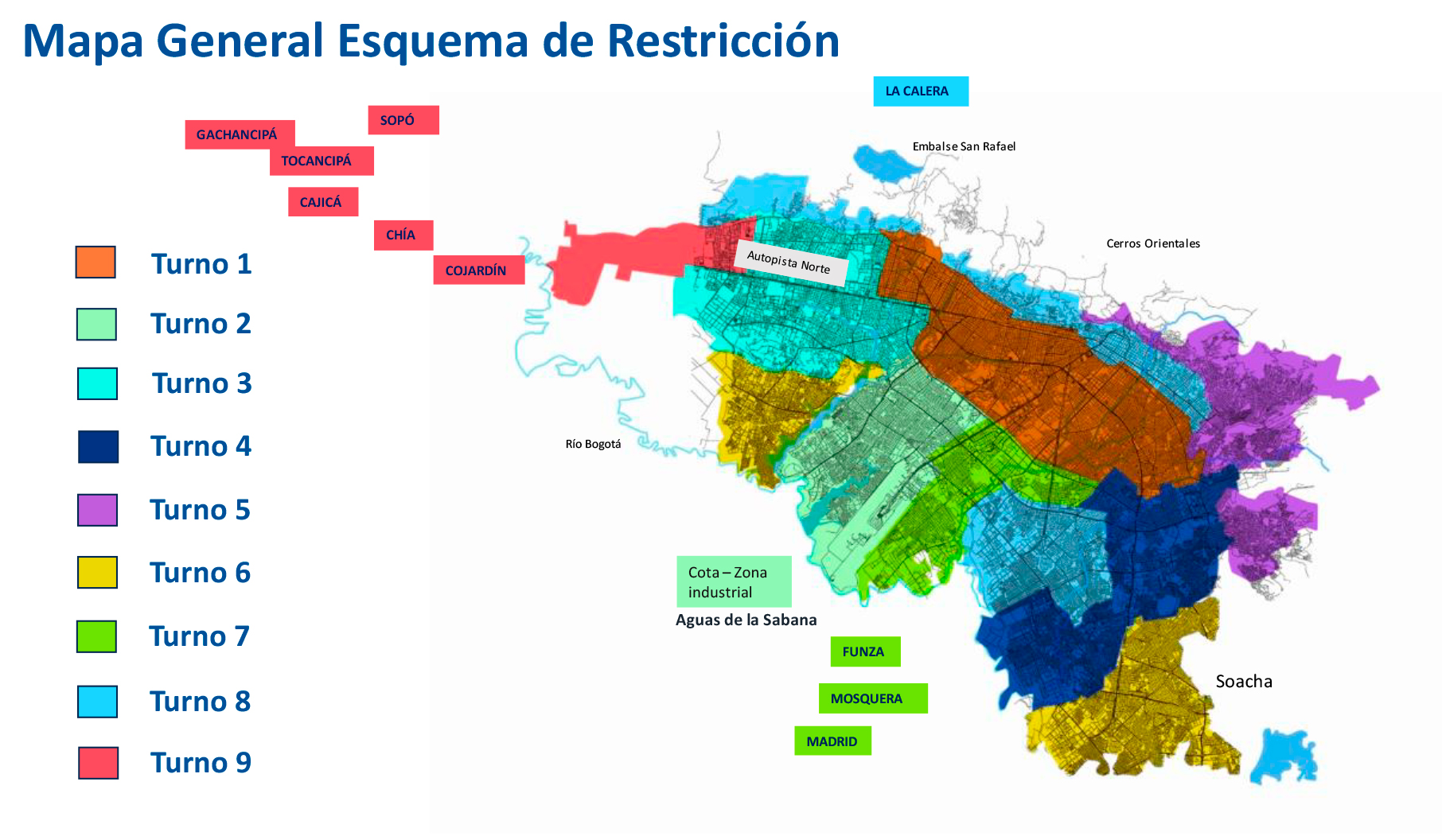 Mapa de Bogotá con las zonas con racionamiento