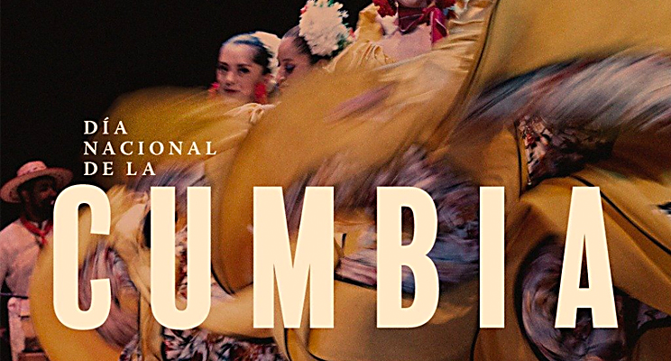 Foto donde de fondo se ven mujeres bailando cumbia y en frente el texto que dice Día nacional de la Cumbia