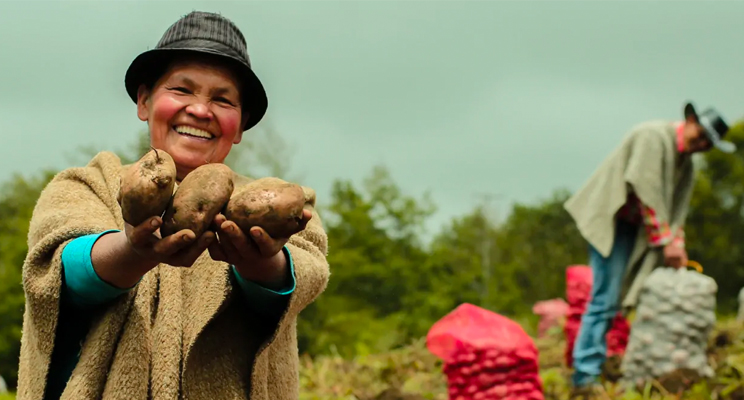 Foto de una campesina sonriendo y ofreciendo su cultivo de papa, de fondo un campesino recogiendo la cosecha.