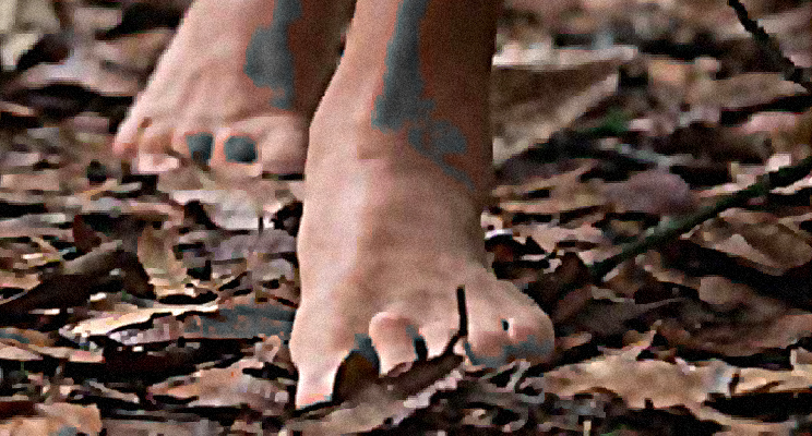 Fotografía en primer plano de unos pies descalzos caminando sobre hojarasca.