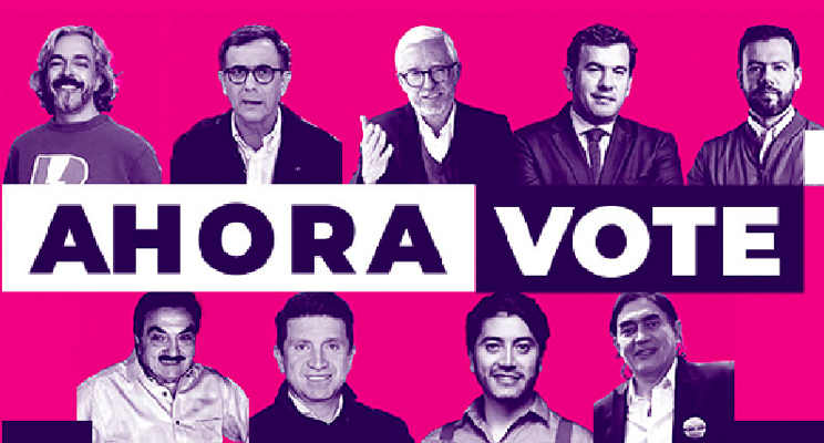 Pieza promocional del evento televisivo que dice: "Ahora vote" y se ven las fotos de los candidatos por la alcaldía de Bogotá para el nuevo periodo 2024-2027