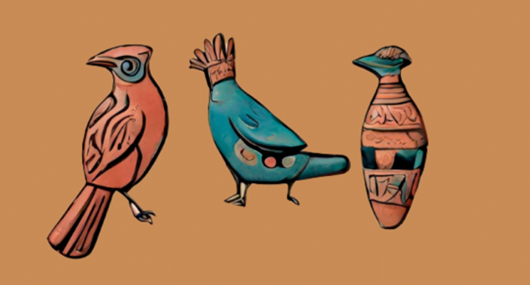 Tres ilustraciones de los instrumentos con formas de aves
