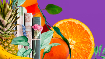 Fragmento de collage de la pieza promocional realizada por BibloRed para este evento - Se ven fragmentos de un banano, una piña, una naranja, diferentes hojas, un palo de caña, una mandarina y libros.