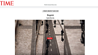 Pantallazo de la pagina web de la revista TIME donde se ve una fotografía cenital de una cicloruta de Bogotá.