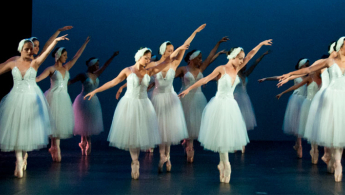 Fotografía en plano general de bailarinas de ballet en acción.