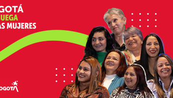 Pieza oficial el 8M - se ve en la foto ocho mujeres de distintas edades sonriendo y el texto #BogotáSeLasJuegaPorLasMujeres
